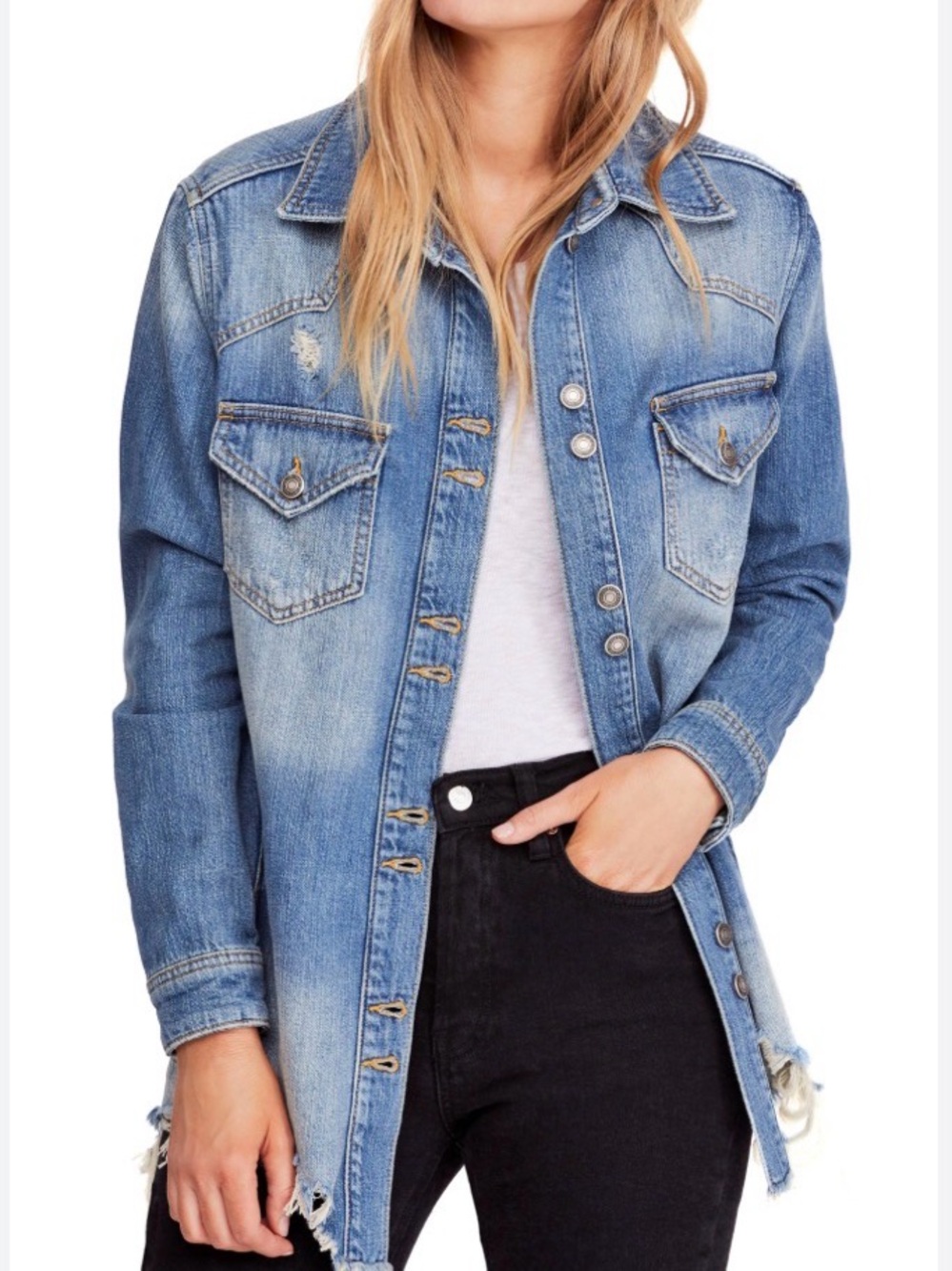 Free People Moon Child Faded Blue Distressed Denim Jacket Sz Small - Picture 8 of 13